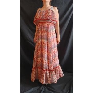 Vintage Handmade Pink Floral Ruffle Peasant Maxi Dress